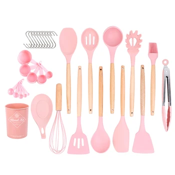

24pcs/set Storage Bucket Kitchen Utensil Chef Food Clip Cooking Tools Heat Resistant Beater Wooden Handle Non Stick Silicone