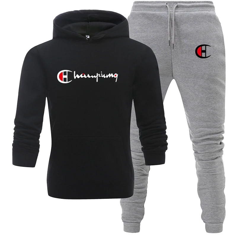 black gray Спортивный костюм, мужской спортивный флисовый плотный брендовый костюм с капюшоном, повседневный спортивный костюм, мужская куртка+ штаны, теплая зимняя толстовка с мехом внутри - Цвет: black gray