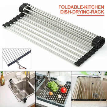 

1pc Kitchen Drying Rack Foldable Stainless Steel Kitchen Dish Drying Rack Over Sink Roll-up Dry Drainers