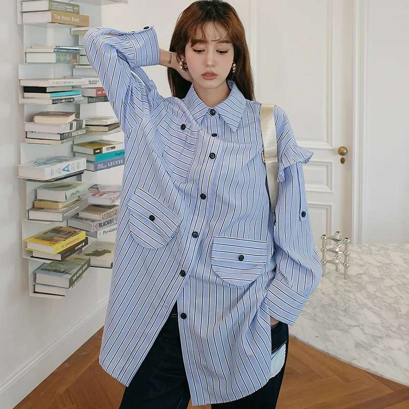 [EAM] Women Blue Striped Split Big Size Blouse New