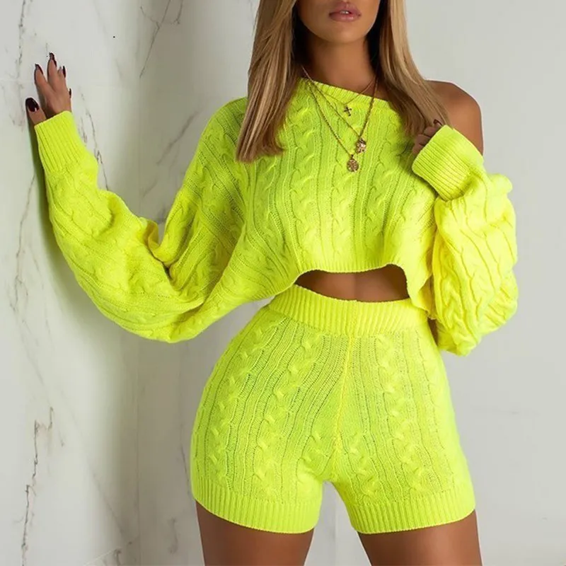 

Ohvera Sweater Two Piece Set Knitted Long Sleeve Crop Tops And Bodycon Shorts Suit Winter Sexy 2 Piece Set Women 2019 Outfits