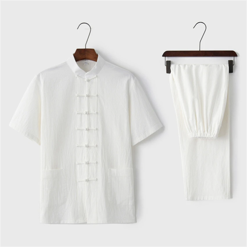 Chinese Traditional Clothing Set Man Summer Linen Buckle Kung Fu Shirt Oriental Retro Top Pants Tai Chi Breathable Uniforms