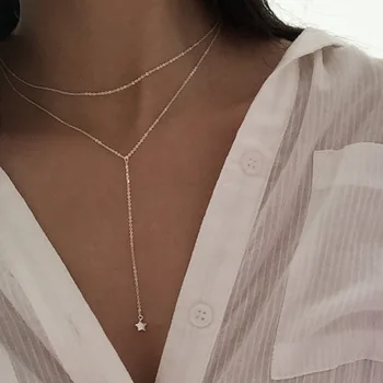 

2020 Gold Silver Color Long Chain Star Pendant Necklace Women Short Chocker Statement Collar Chokers Necklace