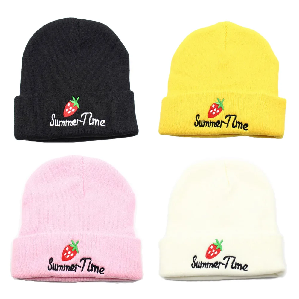 

Men Women Knitted Hat Embroidery Strawberry Beanie Skullcap Cap Brimless Retro Unisex HipHop Elastic Warm Winter Ski Beanie Hat