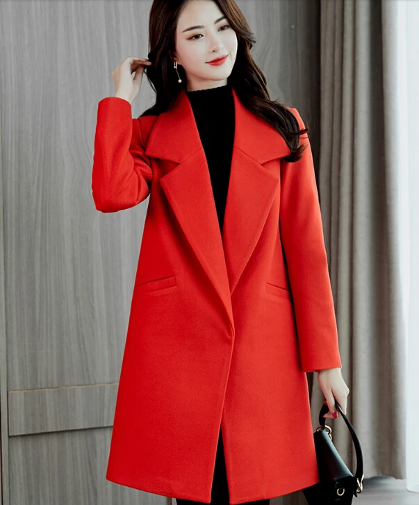 

Women's autumn winter red pure color long coat female vintage loose slim casual outware chic long sleeve Blouse TB3224