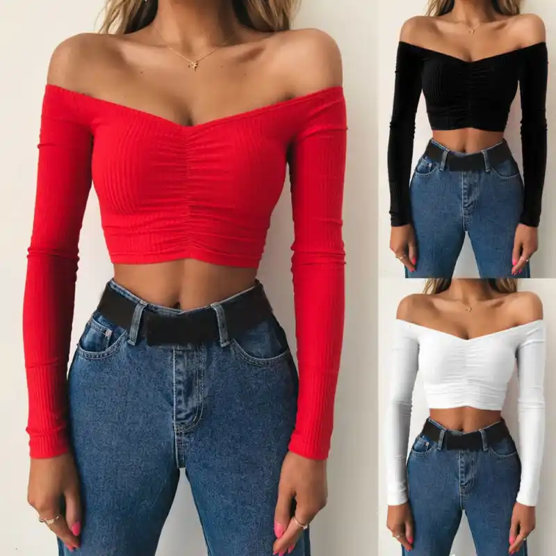 tight long sleeve off the shoulder top