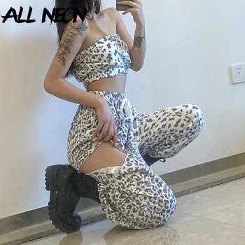 

ALLNeon E-girl Leopard Printing Strapless Tanks Tops and High Waist Wide Leg Pants 2 Piece Sets Wild Party Hole Co-ord Suit Fall