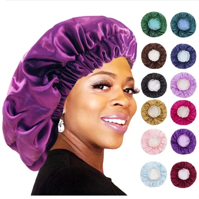 Solid Color Reversible Silky Satin Bonnet Double Layer Sleep Night Cap Head Cover Bonnet Hat for