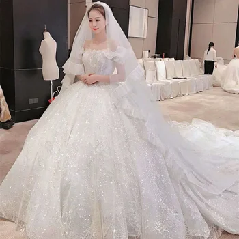

BacklakeGirls HT4925 Boat Neck Off The Shoulder Sequined Wedding Dress Sleeveless Zipper Back Vestidos De Novia Con Encaje 2020