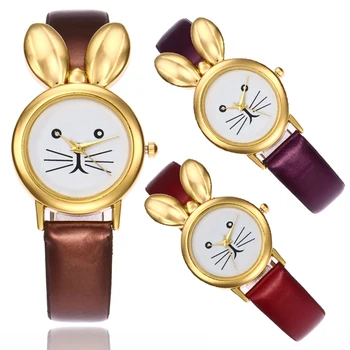 

Women Watch Leather Strap Cute Rabbit Ears Women Gold Dial Casual Quartz Wrist Watch Ladies Watches Gift Fashion