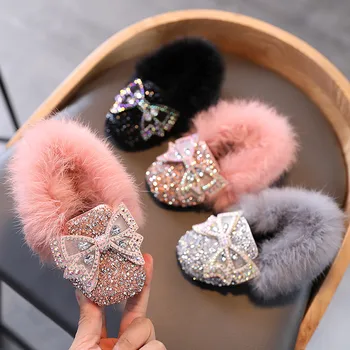 

JY 2020 Autumn Winter Girls Shoes Rhinestone Bow Hairy Warm Velvet 3Colors TX11