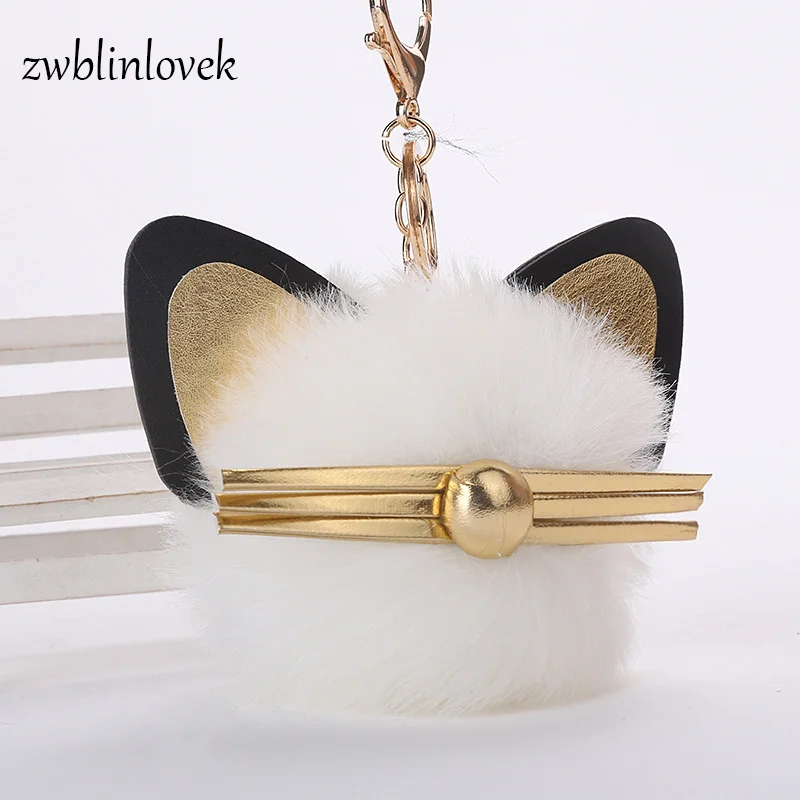 Faux Fur Ball Cat Ear Key Chain Animal Pompom Keychain For Women Bag Pendant Leather Plush Keyring Holder Jewelry Trinket | Украшения и