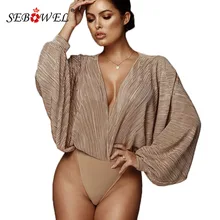 SEBOWEL FashionLoose Pleated Deep V-neck Wrapped Long Bat Sleeve Bodysuit for Woman Spring Autumn Female Lady Body Top Clothes SEBOWEL FashionLoose Pleated Deep V-neck Wrapped Long Bat Sleeve Bodysuit for Woman Spring Autumn Female Lady Body Top Clothes