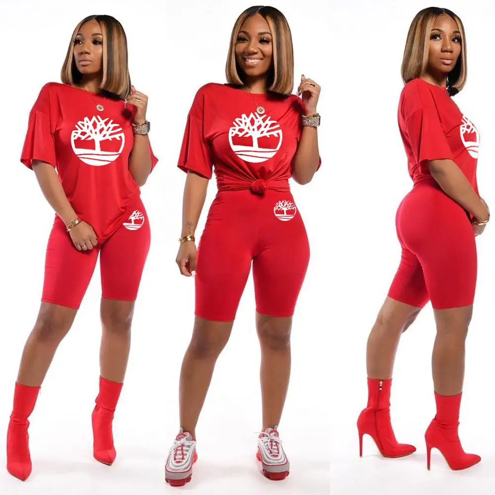 

2020 Summer New Womens 2 Pieces Shorts Sets Print T-shirt + Biker Shorts Outfits Elastic High Rise Shorts Suits Set