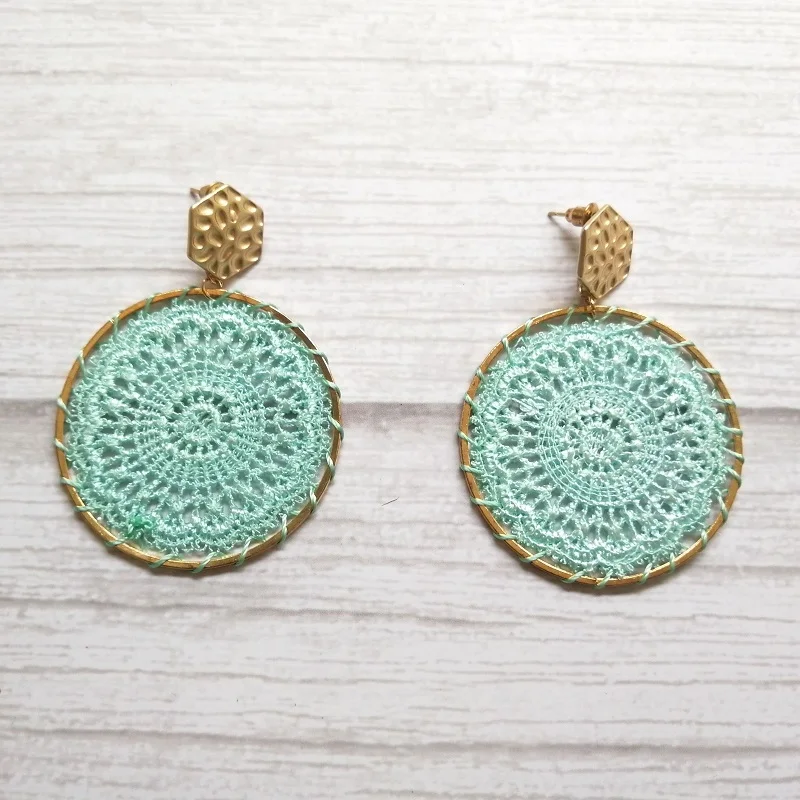 

Trendy Bohemia Cotton-string Crochet Print Earrings Alloy Circle Hollow Drop Earrings for Woman Fashion Jewelry
