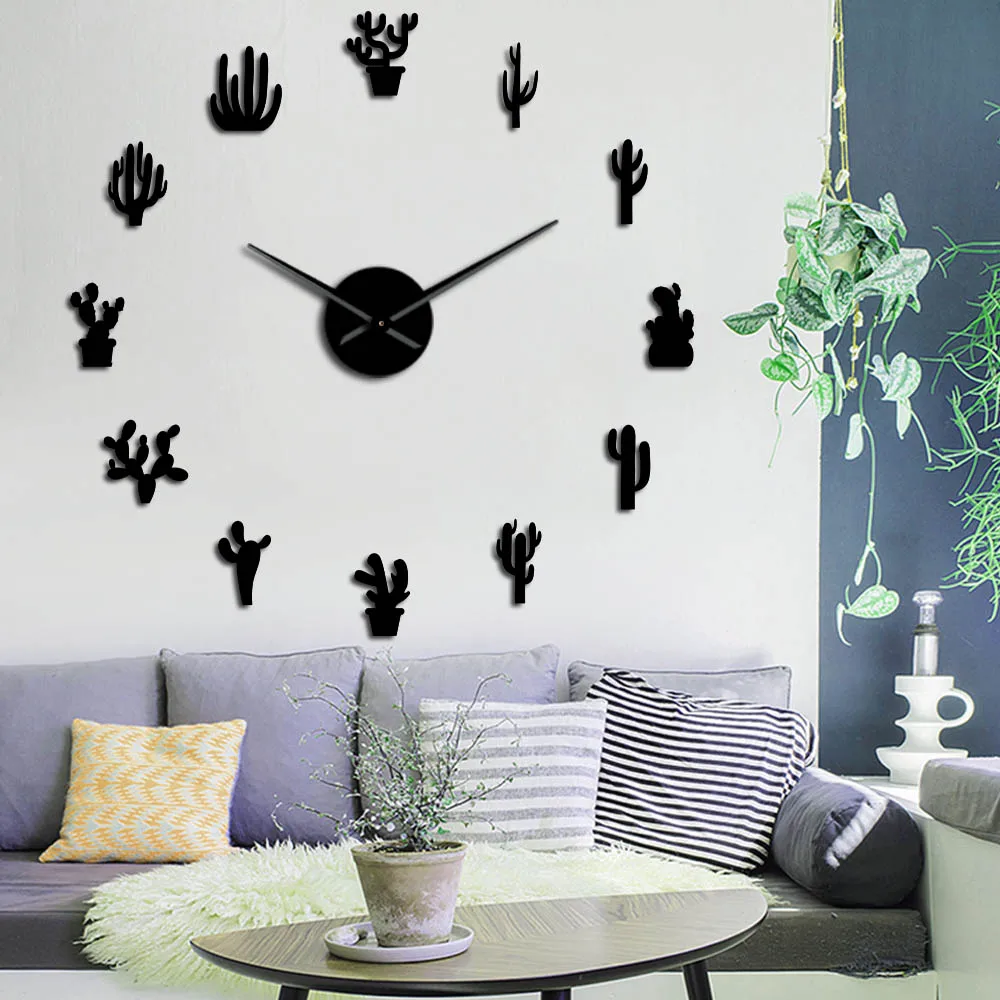 

Botanical Home Decor Cactus Large DIY Wall Clock Desert Cactaceae Frameless Big Time Watch With Succulents Mirror Number Sticker