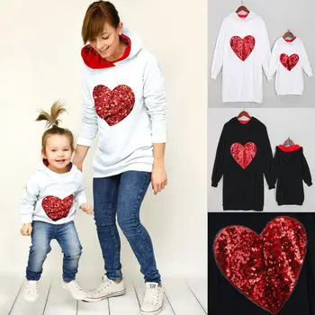 

Autumn Winter Casual Lovely Family Matching Hoodies 2 Colors Heart Sequined Print Long Sleeve Hooded Tops