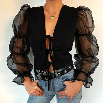 

Foridol Sheer Organza Black Women Tops and Blouse Sexy Lace Up Transparent Blouse Shirt High Fashion Puff Sleeve Instagram Tops