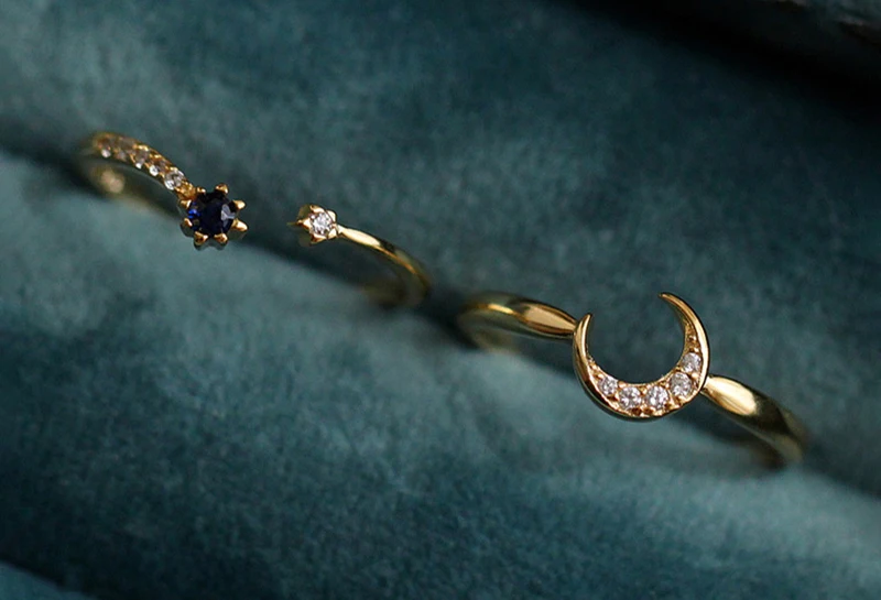 Модный дизайн, ювелирные изделия, Голубой цирконий, Милая луна и звезда, золотые кольца, набор, открытая манжета, 925 пробы, серебряные кольца, 2 шт., комбинированные кольца