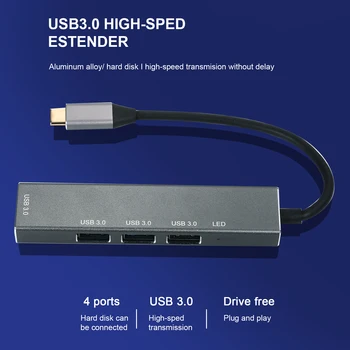 

Silver Gray 4 in 1 Hub Type-C To USB3.0*4 Intelligent USB Hub Multi-Port Adapter LED-Light for Laptop Computer Mobile Phones