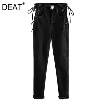 

DEAT 2020 new spring and autumn high waist drawstring slim feet black denim pants full length moto jeans 7A06401L