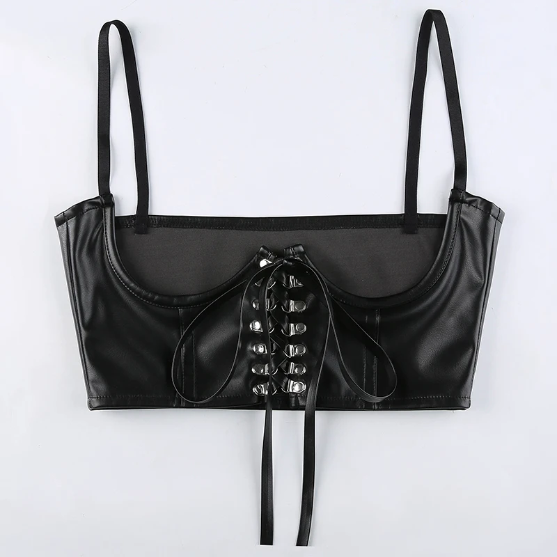 Streetwear Gothic Dark PU Leather Crop Top Women Hook Lace Up Punk Style Tank Top Cummerbunds Corset Tops To Wear Out body shaper waist trainer corset bustier top waist corset lace corset