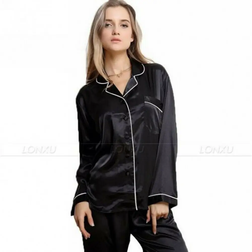 Черный Stylish Autumn Women's Solid Pajamas Sets Button Long Sleeve Loose T-shirt Top and Silk-like Satin High-waist Long Pants S-XL - Цвет: Черный