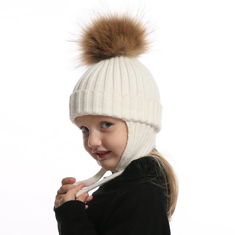 Kids Earflap Beanie Boy Girl Winter Wool Hat Real Fur Pompom Hat Warm Knitted Baby Hat Children Pompon Beanies Cap 2