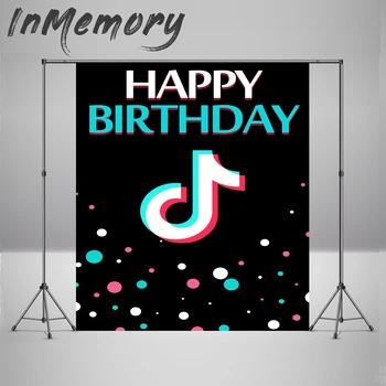 

Tok tik Photography Backdrop Music Video theme Custom Children Happy Birthday Banner Black Wallpaper Polka dots Photo Background