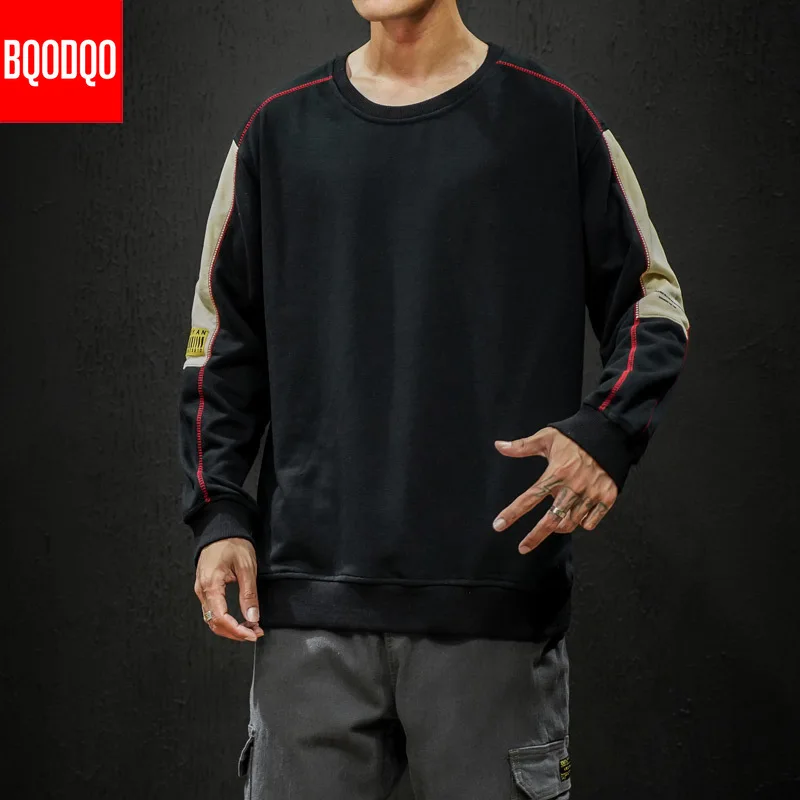 Японский лоскутный Повседневный свитер пуловер Мужской осенний хип-хоп Уличная толстовка с круглым вырезом зимние свободные черные модные топы