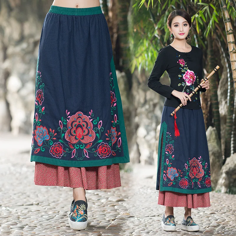 

New Style Ethnic-Style Colored Cloth Joint Applique Flower Irregular Skirt