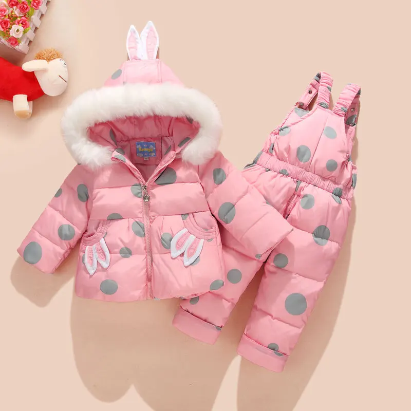 

Winter Children Kids Snowsuit Clothing Set White Duck Down Jacket and Pants Rabbit Ear Cute Warm Baby Girls Hooded Coat Overcoat