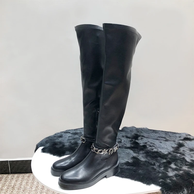 Scarpe donna/зимние женские высокие сапоги; черные женские сапоги выше колена с круглым носком, украшенные цепочкой и кристаллами; женская обувь; Botas Largas Dama