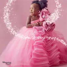 Pink Ball Gown Flower Girl Dresses For Wedding One Shoulder Tiered Skirts Toddler Pageant Gowns Tulle Kids Prom Dress