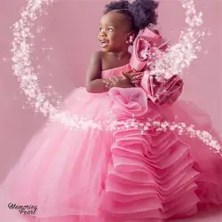 Pink Ball Gown Flower Girl Dresses For Wedding One Shoulder Tiered Skirts Toddler Pageant Gowns Tulle Kids Prom Dress