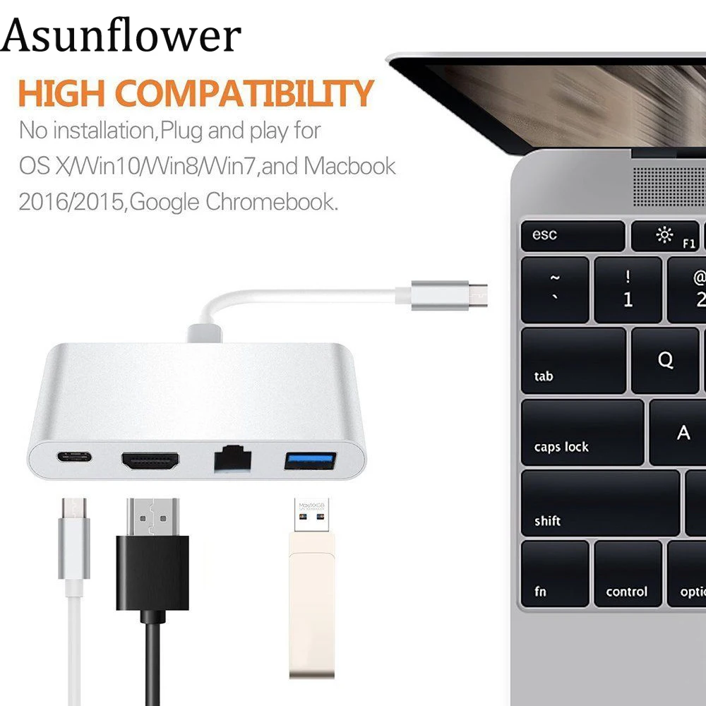 

Asunflower USB C Converter HDMI 4K Adapter USB RJ45 For MacBook Pro Air Ipad Pro TV Box PS4 PC Thunderbolt 3 Type C Hub Adapter