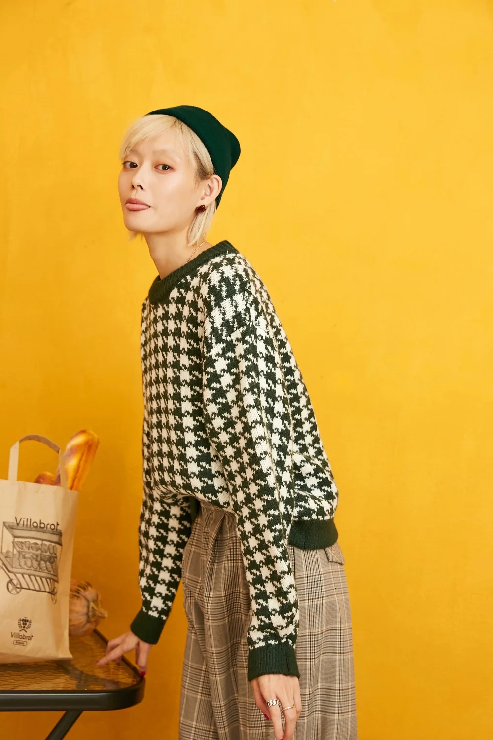 Samstree Зеленый Клетчатый свитер с узором «гусиная лапка» женская одежда осень корейская мода досуг Базовые Женские топы
