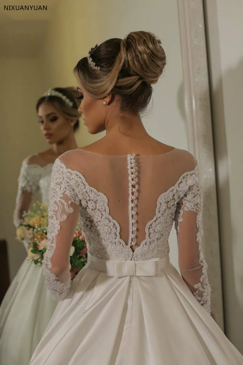 Vestido De Noiva/ свадебное платье с длинными рукавами и вырезом лодочкой; кружевное платье с аппликацией на пуговицах сзади; сатиновое свадебное платье