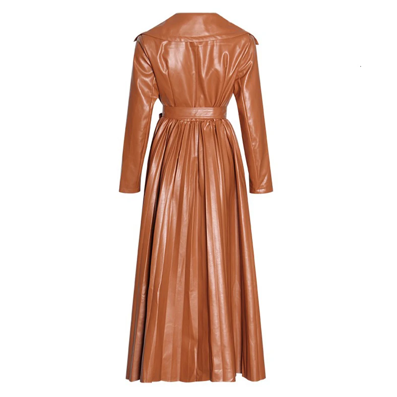 AIMENUNU PU Leather Coat For Women Long Sleeve Lapel Collar High Waist Lace Up Slim Coats Female Autumn Fashion New