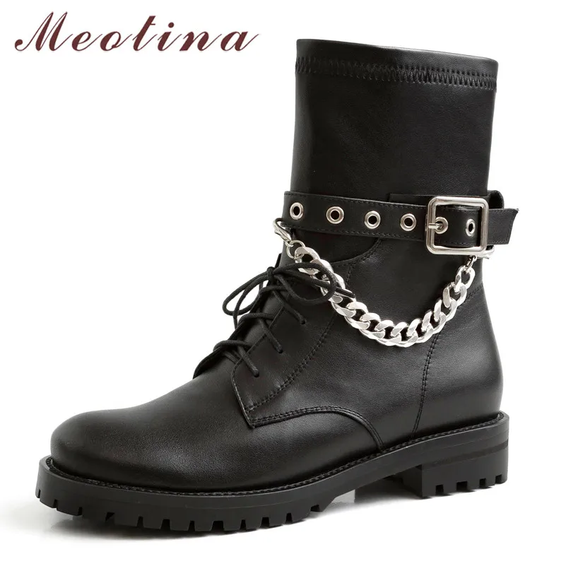 

Meotina Autumn Motorcycle Boots Women Natural Genuine Leather Chain Flat Ankle Boots Buckle Round Toe Shoes Ladies Winter 34-39