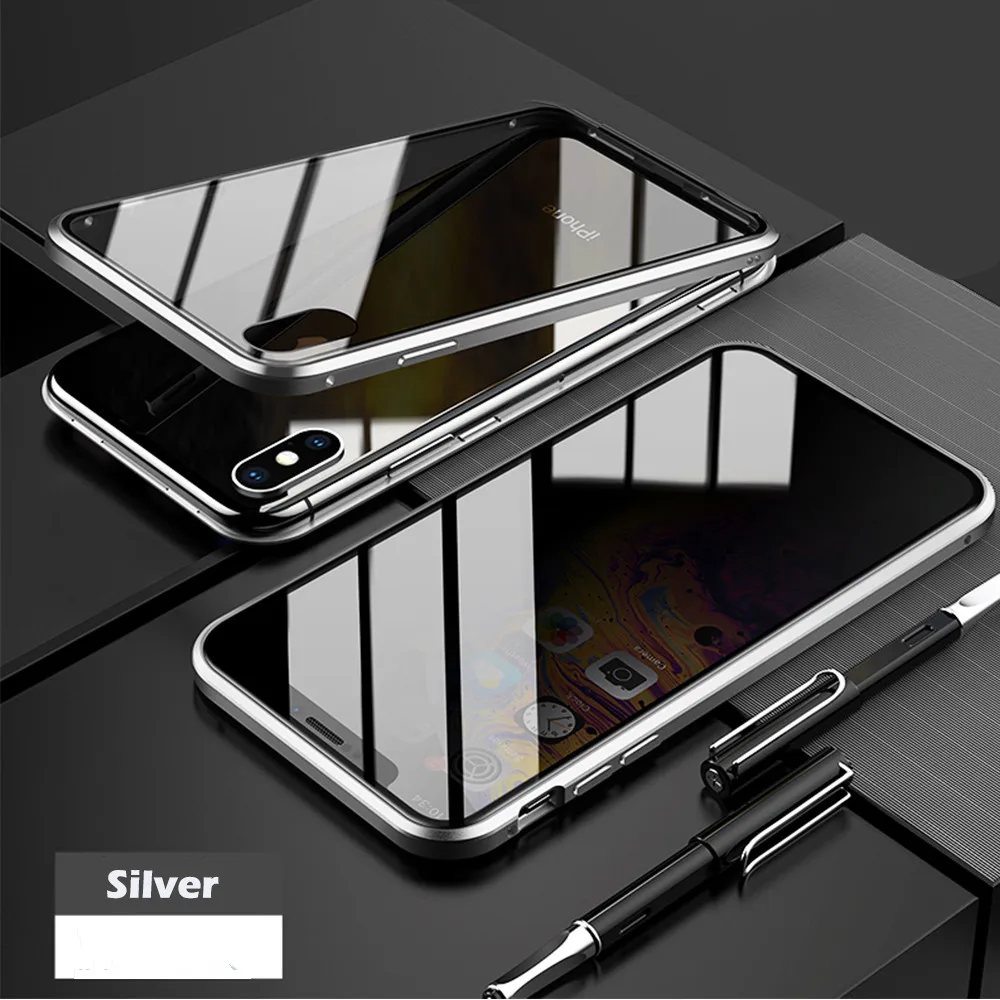 Серебристый Магнитный чехол для iPhone X XS MAX XR 7 8 Plus адсорбционный металлический чехол для мобильного телефона защитный чехол из закаленного стекла - Цвет: Серебристый