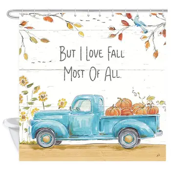 

Fall Decor Shower Curtain, Fall Pumpkin Patch Truck with Sunflower Shower Curtain Waterproof Bathroom Decor Polyester Fabric