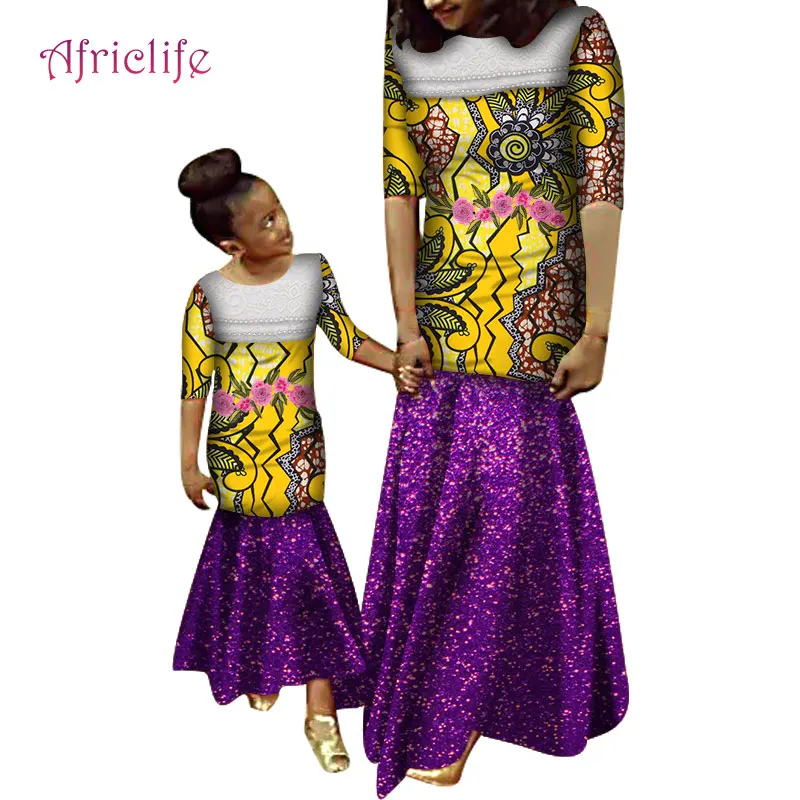 

WYQ542 Older Girls and Mother Clothing with Beautiful Flowers and White Pearls African Wax Cotton Patchwork Family Clothing