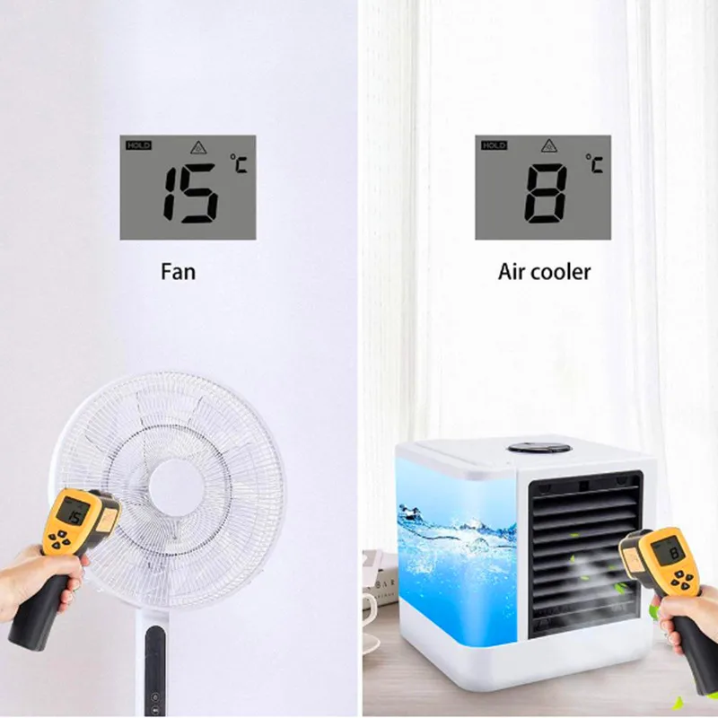 Billig 2020 Neue Luftbefeuchter Mini Klimaanlage Fans USB Tragbare Luftkühler Tabelle Fan Für Büro Kälte Gerät 7 Farbe Lichter