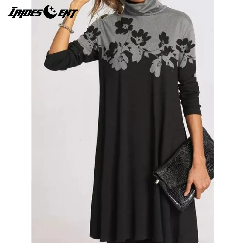 Женское платье с высоким воротом для женщин принтом прямое размера плюс длинными