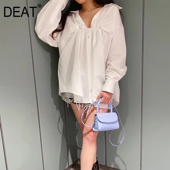 

DEAT women fashion design summer clothing turn-down collar puff sleeves drawstring white shirt loose female blouse WL96000L