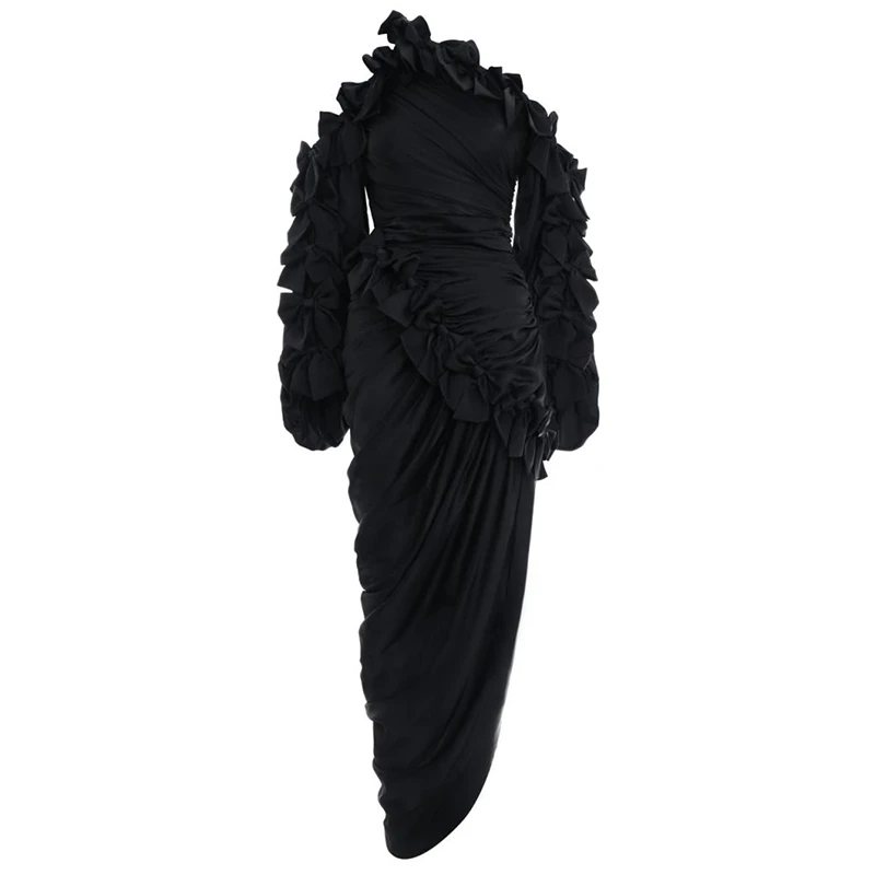 black TWOTWINSTYLE лоскутное банты боковой Сплит женские платья Холтер воротник с длинным рукавом элегантное осеннее платье Женская мода новая одежда - Цвет: black