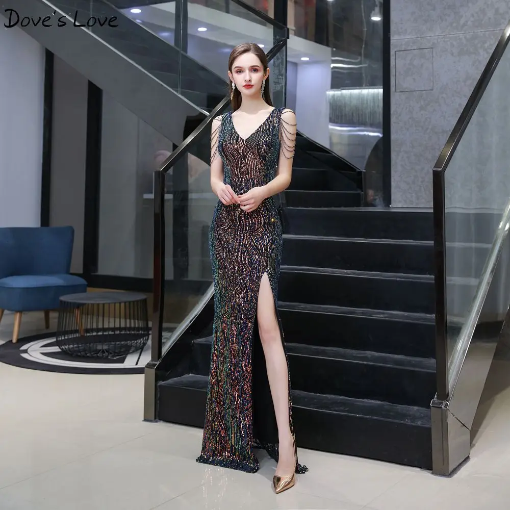 

Sexy Veck Split Sequined Evening Dresses 2020 New Tassel Beading Off The Shoulder Formal Party Long Prom Gowns vestido de festa