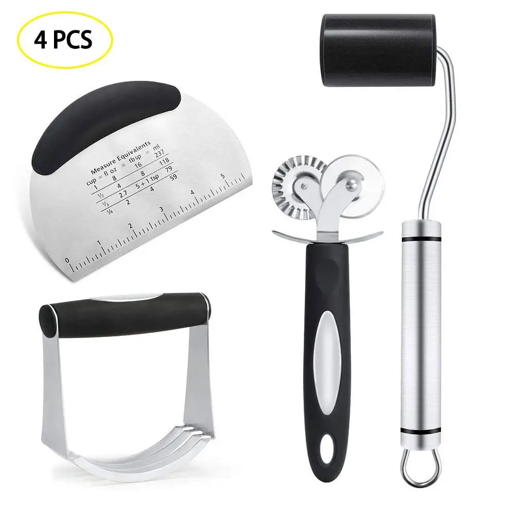  4PC Baking Dough Tool Dough Blender Pastry Scraper Cutter Wheel Roll Pin Stainless Steel Baking Too