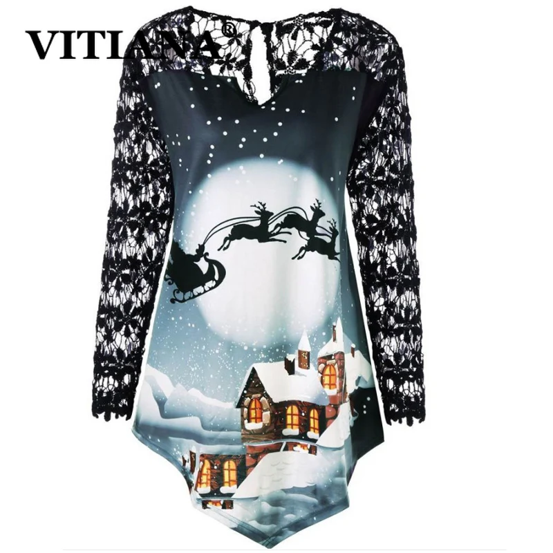 VITIANA Long Sleeve Lace Christmas Blouse Women Autumn Female V-Neck Sexy Party womens tops and blouses Plus SIze 5XL